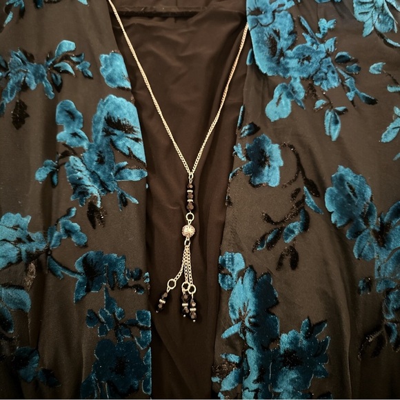 Studio One New York Black Teal Floral Velvet Overlay Dress with Necklace |Size S - Picture 4 of 13